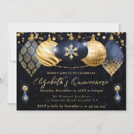 ネイビーブルーと金ゴールドクリスマスバウブルキンセアニェラ 招待状 (正面)