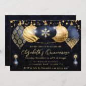ネイビーブルーと金ゴールドクリスマスバウブルキンセアニェラ 招待状 (正面/裏面)