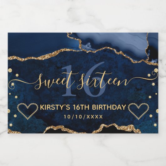 ネイビーブルーと金ゴールドグリッターアガテマーブルスウィート16 スパークリングワインラベル (シングルラベル)