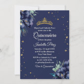 ネイビーブルーと金ゴールドグリッターティアラキンセアニェラ 招待状 (正面)