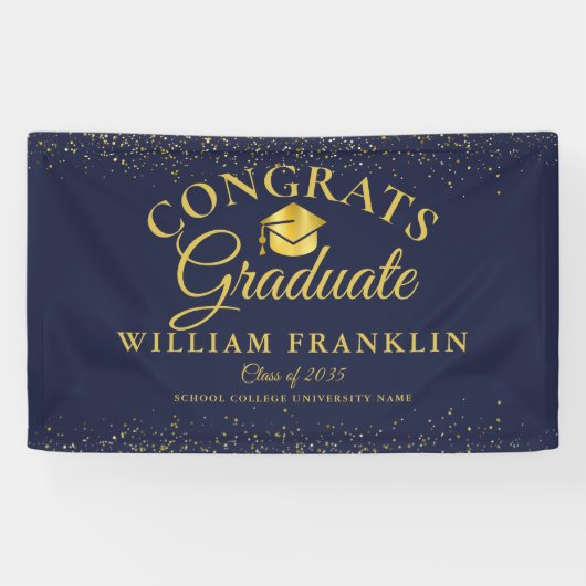 ネイビーブルーと金ゴールドグリッターモダン卒業 横断幕 (横)