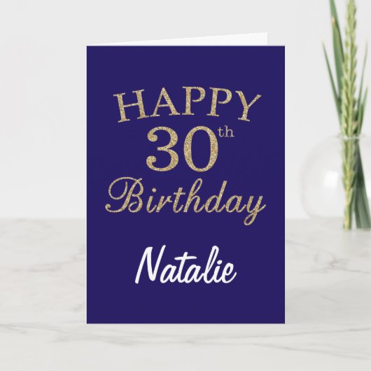ネイビーブルーと金ゴールドグリッター30th Birthday Card カード (正面)