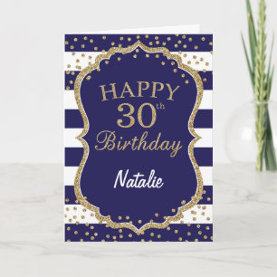 ネイビーブルーと金ゴールドグリッター30th Birthday Card カード