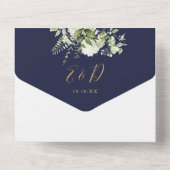 ネイビーブルーと金ゴールドグリーンリー結婚モノグラム オールインワン招待状 (裏面)