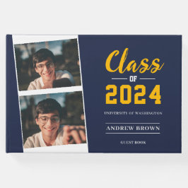 ネイビーブルーと金ゴールドゲストブックのフォトクラス ゲストブック