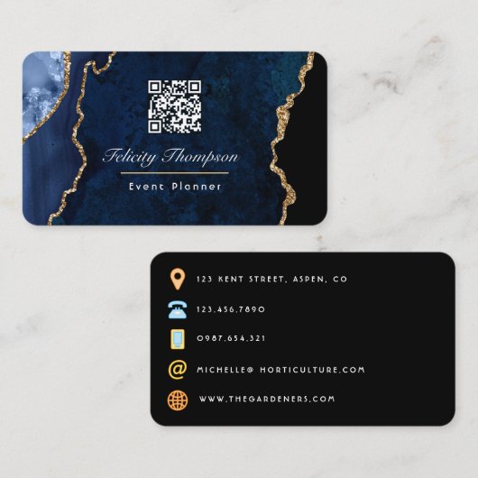 ネイビーブルーと金ゴールドゲード石QRコード 名刺 (正面/裏面)