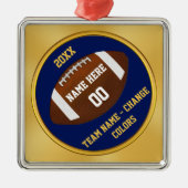ネイビーブルーと金ゴールドサッカーオーナメント パーソナライズされた メタルオーナメント (正面)