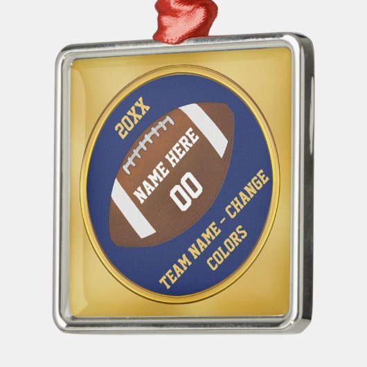 ネイビーブルーと金ゴールドサッカーオーナメント パーソナライズされた メタルオーナメント (左)