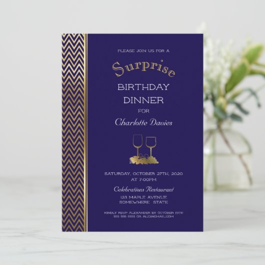 ネイビーブルーと金ゴールドサプライズ誕生日ディナー 招待状 (スタンド正面)