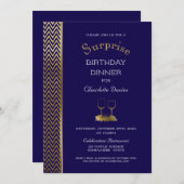 ネイビーブルーと金ゴールドサプライズ誕生日ディナー 招待状 (正面/裏面)