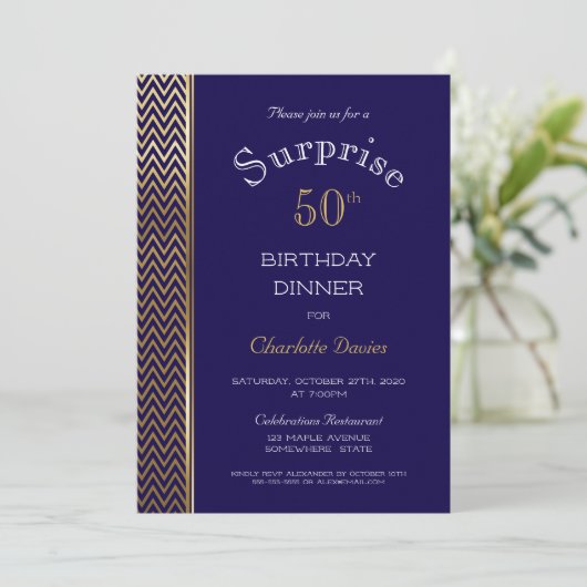 ネイビーブルーと金ゴールドサプライズ50th誕生日ディナー 招待状 (スタンド正面)
