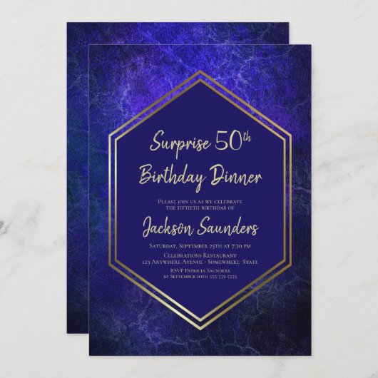 ネイビーブルーと金ゴールドサプライズ50th誕生日ディナー 招待状 (正面/裏面)