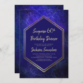 ネイビーブルーと金ゴールドサプライズ60th誕生日ディナー 招待状 (正面/裏面)