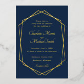ネイビーブルーと金ゴールドジオメト結婚リック 箔招待状 (正面)