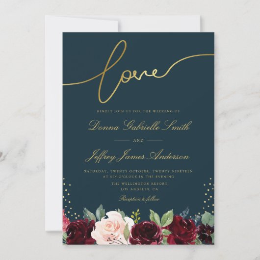 ネイビーブルーと金ゴールドスクリプトburgundyフローラ結婚ズ 招待状 (正面)