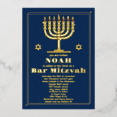 ネイビーブルーと金ゴールドスターオブデイビッドバー(ユダヤ教の)バル・ミツバー 箔招待状 (正面)