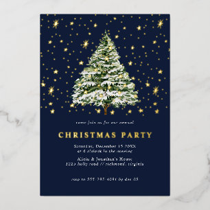 ネイビーブルーと金ゴールドスター クリスマスモダンパーティー 箔招待状