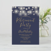 ネイビーブルーと金ゴールドストリングライト退職パーティー 招待状 (スタンド正面)
