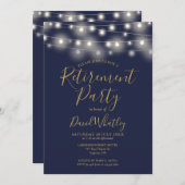 ネイビーブルーと金ゴールドストリングライト退職パーティー 招待状 (正面/裏面)