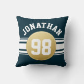 ネイビーブルーと金ゴールドスポーツジャージストライプズ名 クッション (裏面)
