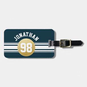 ネイビーブルーと金ゴールドスポーツジャージストライプズ名 ラゲッジタグ