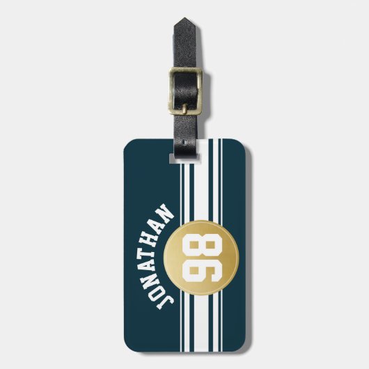 ネイビーブルーと金ゴールドスポーツジャージストライプズ名 ラゲッジタグ (正面縦)