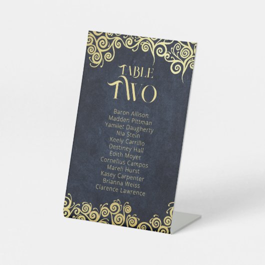 ネイビーブルーと金ゴールドスワーズ座席表の番号 台座サイン (正面)