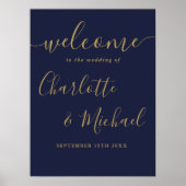 ネイビーブルーと金ゴールドス結婚クリプトのウェルカムサイン ポスター (正面)