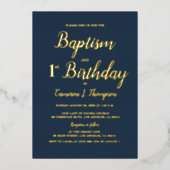 ネイビーブルーと金ゴールドバプテスマと1歳の誕生日 箔シーズンカード (正面)