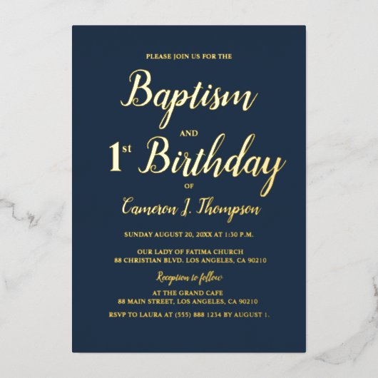 ネイビーブルーと金ゴールドバプテスマと1歳の誕生日 箔シーズンカード (正面)