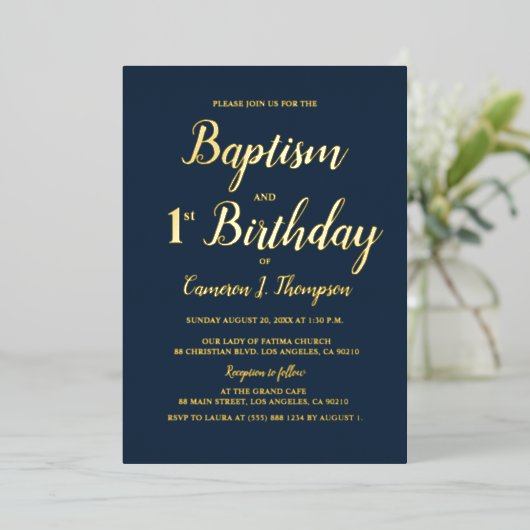 ネイビーブルーと金ゴールドバプテスマと1歳の誕生日 箔シーズンカード (立ち正面)