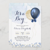 ネイビーブルーと金ゴールドバルーンボーイベビーシャワー 招待状 (正面/裏面)