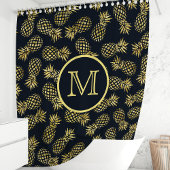 ネイビーブルーと金ゴールドパイナップルモノグラム シャワーカーテン
