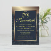 ネイビーブルーと金ゴールドパターン(の模様が)ある縁ど誕生日 招待状 (スタンド正面)