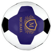 ネイビーブルーと金ゴールドパーソナライズされたモノグラム名 サッカーボール (回転)