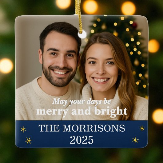 ネイビーブルーと金ゴールドファミリーフォトスノーフレーク セラミックオーナメント