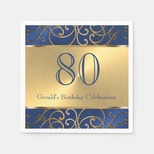 ネイビーブルーと金ゴールドフィリグレ渦巻き スタンダードカクテルナプキン (正面)
