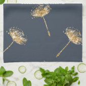 ネイビーブルーと金ゴールドフェイクグリッタータンポポ花 キッチンタオル (折り畳み)