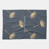 ネイビーブルーと金ゴールドフェイクグリッタータンポポ花 キッチンタオル (横)