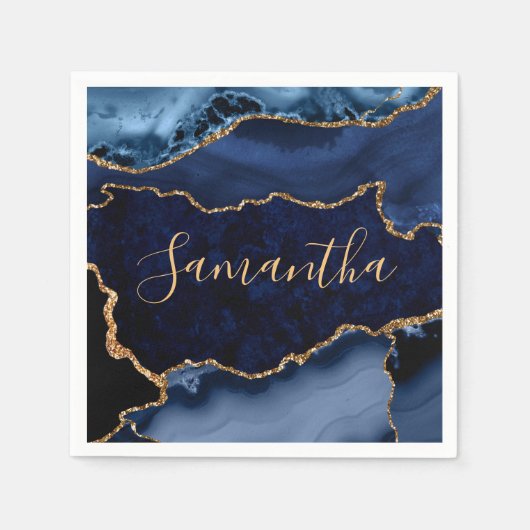 ネイビーブルーと金ゴールドフェイクグリッターマーブルアゲート スタンダードカクテルナプキン (正面)