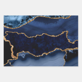 ネイビーブルーと金ゴールドフェイクグリッターマーブルアゲート ラッピングペーパーシート