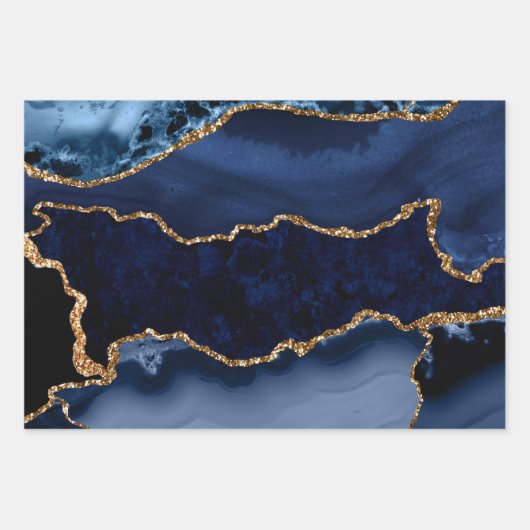 ネイビーブルーと金ゴールドフェイクグリッターマーブルアゲート ラッピングペーパーシート (正面)