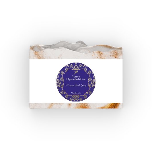 ネイビーブルーと金ゴールドフォイルのダマスク製品ラベル ラウンドシール