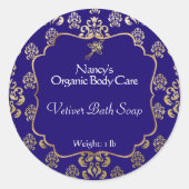 ネイビーブルーと金ゴールドフォイルのダマスク製品ラベル ラウンドシール (正面)