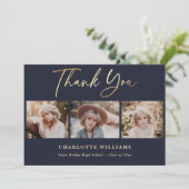 ネイビーブルーと金ゴールドフォトコラージュ卒業 サンキューカード (スタンド正面)