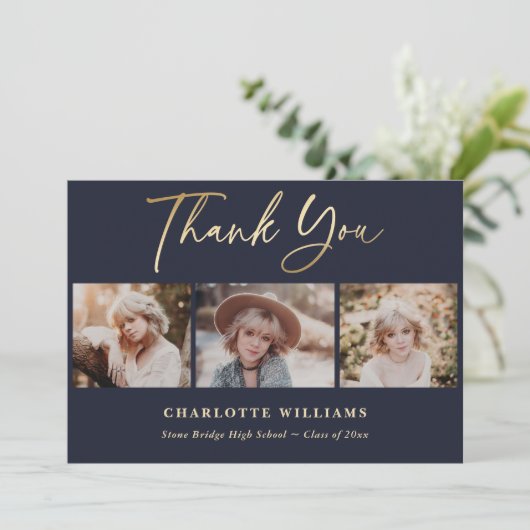 ネイビーブルーと金ゴールドフォトコラージュ卒業 サンキューカード (スタンド正面)