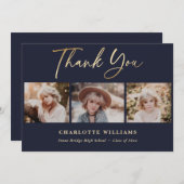 ネイビーブルーと金ゴールドフォトコラージュ卒業 サンキューカード (正面/裏面)