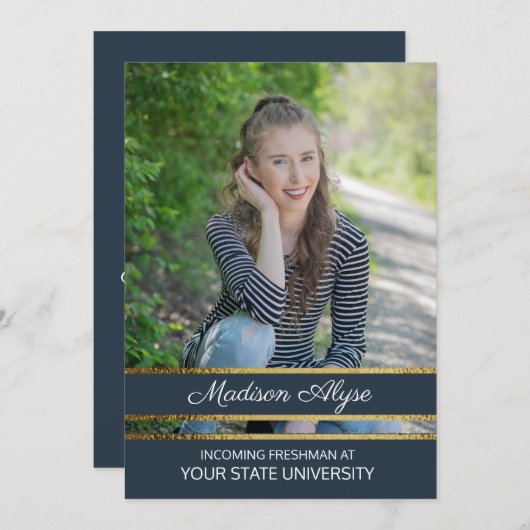 ネイビーブルーと金ゴールドフォトトランクパーティー 招待状 (正面/裏面)