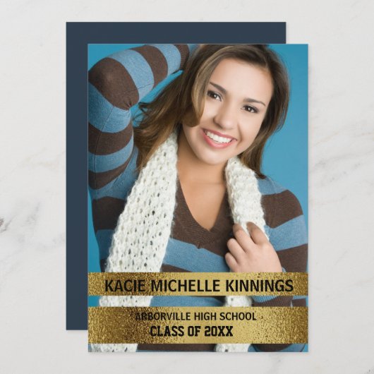 ネイビーブルーと金ゴールドフォトトランクパーティー 招待状 (正面/裏面)