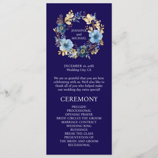 ネイビーブルーと金ゴールドフラワーズ結婚式 プログラム (正面)